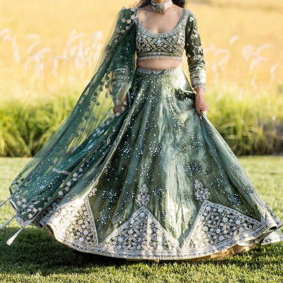 Green Velvet Bridal Lehenga - Matsya World - Picture 1 of 2